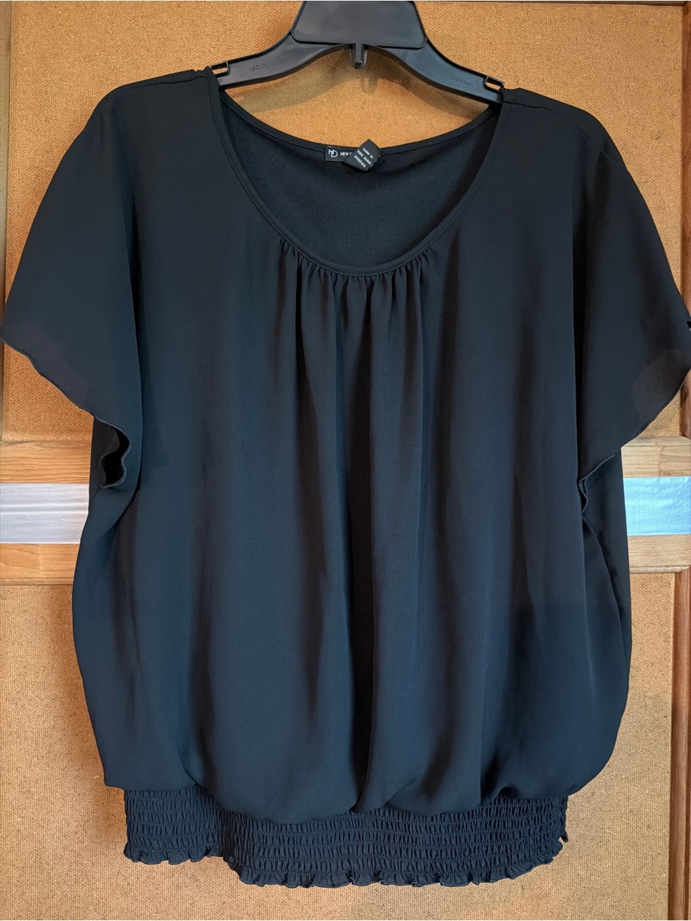 new directions Black Blouson Top with Smocked Hem